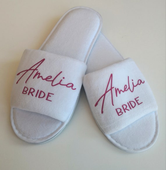 Bridesmaid slippers, personalised wedding slippers, luxury open toe spa slippers, bridesmaid gifts, Hen party, bridal slippers, bachelorette