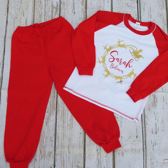 Kids Christmas Pyjamas, Personalised believes Christmas 2019 Pj’s, Red and white Pj’s, Christmas eve box, Kids Santa pyjamas, Night before