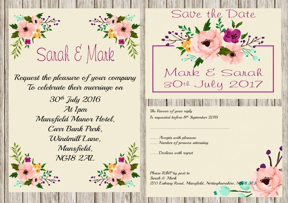 Floral invitation, Printable wedding invitation set, Floral wedding invites, save the date, Rsvp, print your own, DIY invitations,