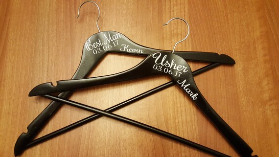 Personalised Men’s Wooden Wedding Suit Hangers Black, custom wedding hangers with name, date and title, Photo props, wedding coat hangers