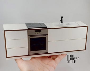 Cocina moderna a escala 1:12 con encimera de MDF para casas de muñecas