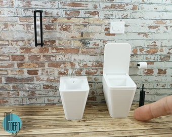 Modern floor toilet with movable lid in 1:12 scale colorful plastic miniature for Hylda model dollhouses