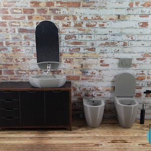 Modern grey plastic miniature bathroom set in 1:12 scale for dollshouse