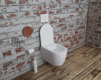 Alyssia Modern wandtoilet met beweegbaar deksel, miniatuur op schaal 1:12, gemaakt van kleurrijk plastic voor poppenhuizen