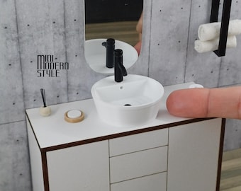Lavabo redondo moderno de plástico colorido en miniatura a escala 1:12 de la marca Hale para casa de muñecas.