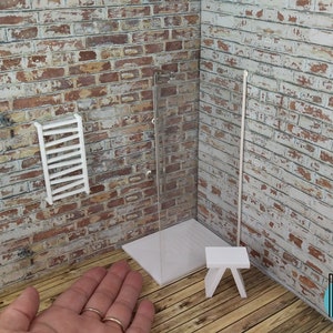 Celia model shower tray with box and miniature column made of coloured plastic and metal in 1:12 scale for dollshouse