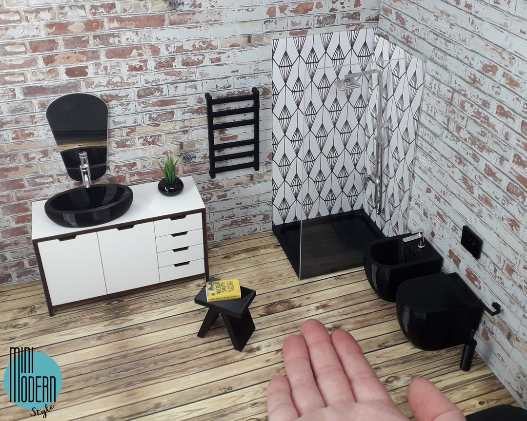Restroom Scale Model Kit Modern Black Plastic Miniature Bathroom Set in 1:12 Scale for ...