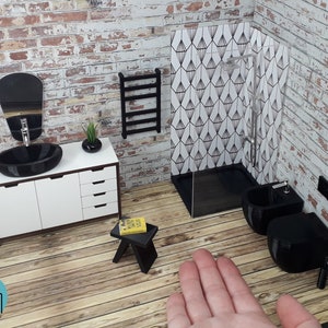 Modern black plastic miniature bathroom set in 1:12 scale for dollshouse