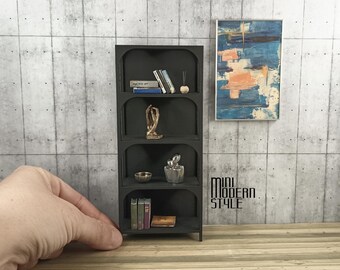 Librería moderna de madera a escala 1:12 de Evan para casas de muñecas