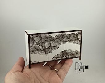 Armario moderno Debra con decoración de olas, 3 puertas de MDF revestido a escala 1:12 para casas de muñecas.