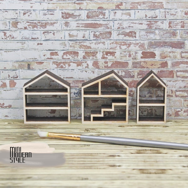 Wooden house shaped shelves in 1:12 scale for doll houses