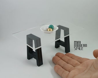 Industrial style table with anthracite legs and transparent plexiglass top in 1:12 scale for doll houses