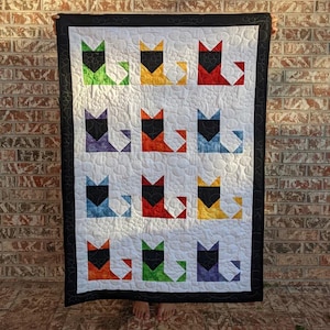 Könnte beinhalten: Ein farbenfroher Quilt mit Katzenformen in verschiedenen Farben, darunter Grün, Gelb und Rot, auf weißem Hintergrund. Der Quilt hat einen schwarzen Rand und den Text "COLOR CAT" oben. Der Text "Sewl Sister for Villa Rosa Designs" steht unten.