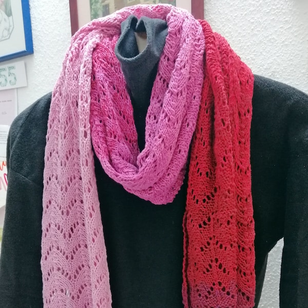 Scarf, knitted with two needles, openwork, cotton, pink, red, maroon, soft, elegant, unique, original gift,