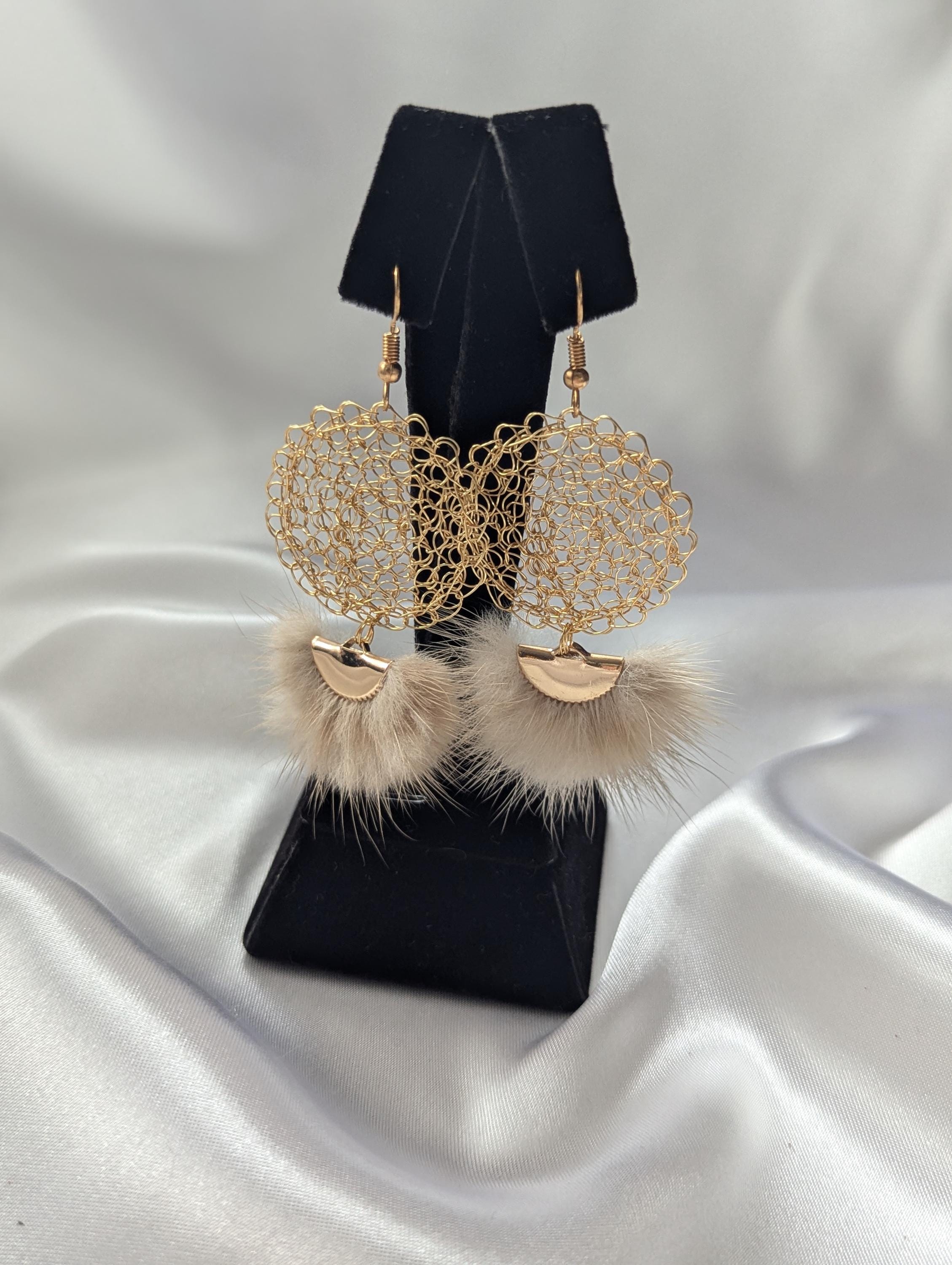Gold Wire Crochet Earrings with Luxurious Beige Fur Accents - Unique Handcrafted Jewelry for Women - Perfect Gift Idea