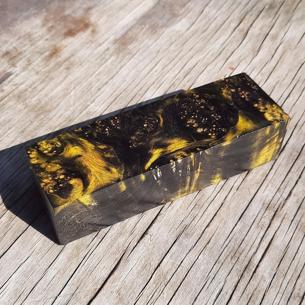 Splendido blocco in radica di radica di acero stabilizzato nero e giallo brillante per scaglie di coltelli / tornitura del legno e progetti #fai da te