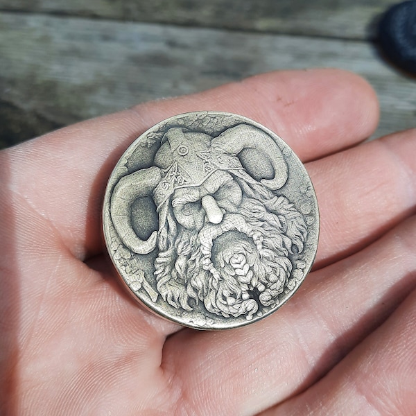 Thick Viking brass edc token | Ancient Nordic artifact | Vintage micarta Unique pocket art | Everyday carry token bearded warrior coin