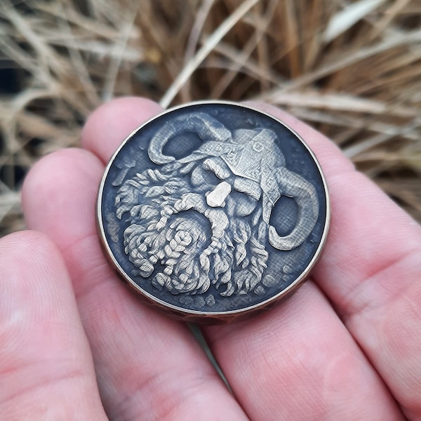 Brass Viking token | Huginn & Munnin Ancient Nordic artifact | Unique pocket art piece | Everyday carry with Scandinavian Odin mythology