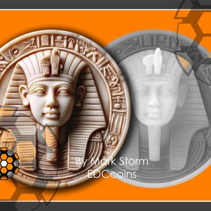 Diseño de moneda de Tutankamón para grabado láser 3D con mapa de altura / Máscara mortuoria estilo egipcio del rey Tut / Imagen de alta calidad para Lightburn