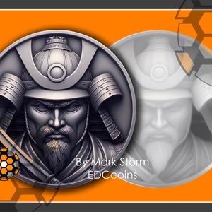 Shogun Samurai para grabado láser 3d con mapa de altura / Moneda de guerrero japonés digital / Imágenes DIY de alta calidad para Lightburn y EZCAD