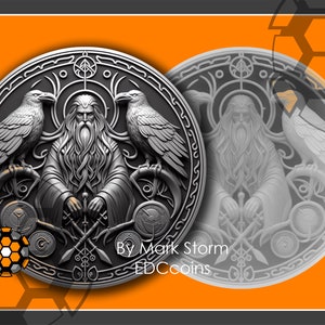 Odin's Ravens-muntontwerp voor 3D-lasergravure met hoogtekaart | Noorse mythologie Huginn & Munnin Midgard| Hoge kwaliteit afbeelding voor Lightburn