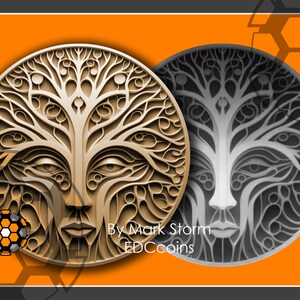 Pièce de monnaie de visage d'esprit d'arbre pour la carte de taille de gravure au laser 3D | Des yeux abstraits émergeant du visage d'une forêt PNG de haute qualité pour Décoloration