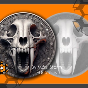 May include: A silver coin with a detailed image of a saber-toothed cat skull. The coin has the words "BIRLN VENIVI SF ELD OL" and "NRT QDR F" around the edge. The coin is on an orange background with a honeycomb pattern.
