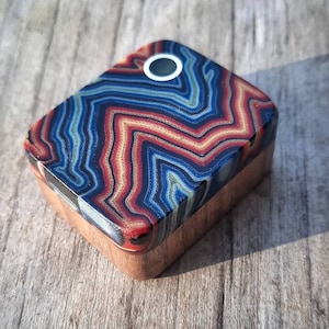 Ridgeback micarta edc soapbar / worry stone with red/blue pattern and glow in the dark pin - Everyday carry stone with ash wood backside