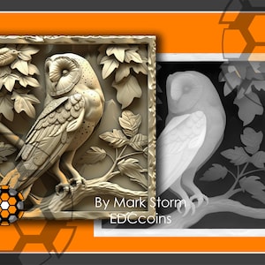 Carte de la hauteur pour la gravure laser à fibre 3D carrée avec motif chouette effraie des cloches | Pièce numérique encadrée de feuilles et d'oiseaux | Fichier graphique PNG à téléchargement de haute qualité