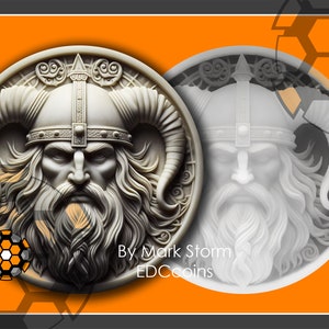 Design de moeda nórdica Viking para gravação a laser 3D com mapa de altura | Capacete de guerreiro escandinavo com chifres | Imagem de alta qualidade para Lightburn