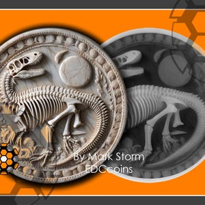Puede incluir: Una moneda redonda blanca y gris con un diseño detallado de esqueleto de dinosaurio. La moneda tiene un borde elevado y una superficie lisa. El texto "By Mark Storm EDCcoins" está impreso en la parte inferior de la moneda.