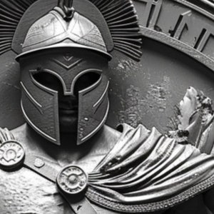 May include: A black and white 3D printed sculpture of a Spartan warrior wearing a helmet with a plume. The warrior's face is visible through the helmet's eye slits.