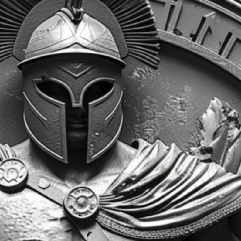 May include: A black and white 3D printed sculpture of a Spartan warrior wearing a helmet with a plume. The warrior's face is visible through the helmet's eye slits.