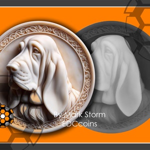 Basset Droopy Hund Münze mit Höhe Karte | Digitale Hundeportrait-Datei für die 3D-Lasergravur | | Hochwertige DIY Bilder für Lightburn