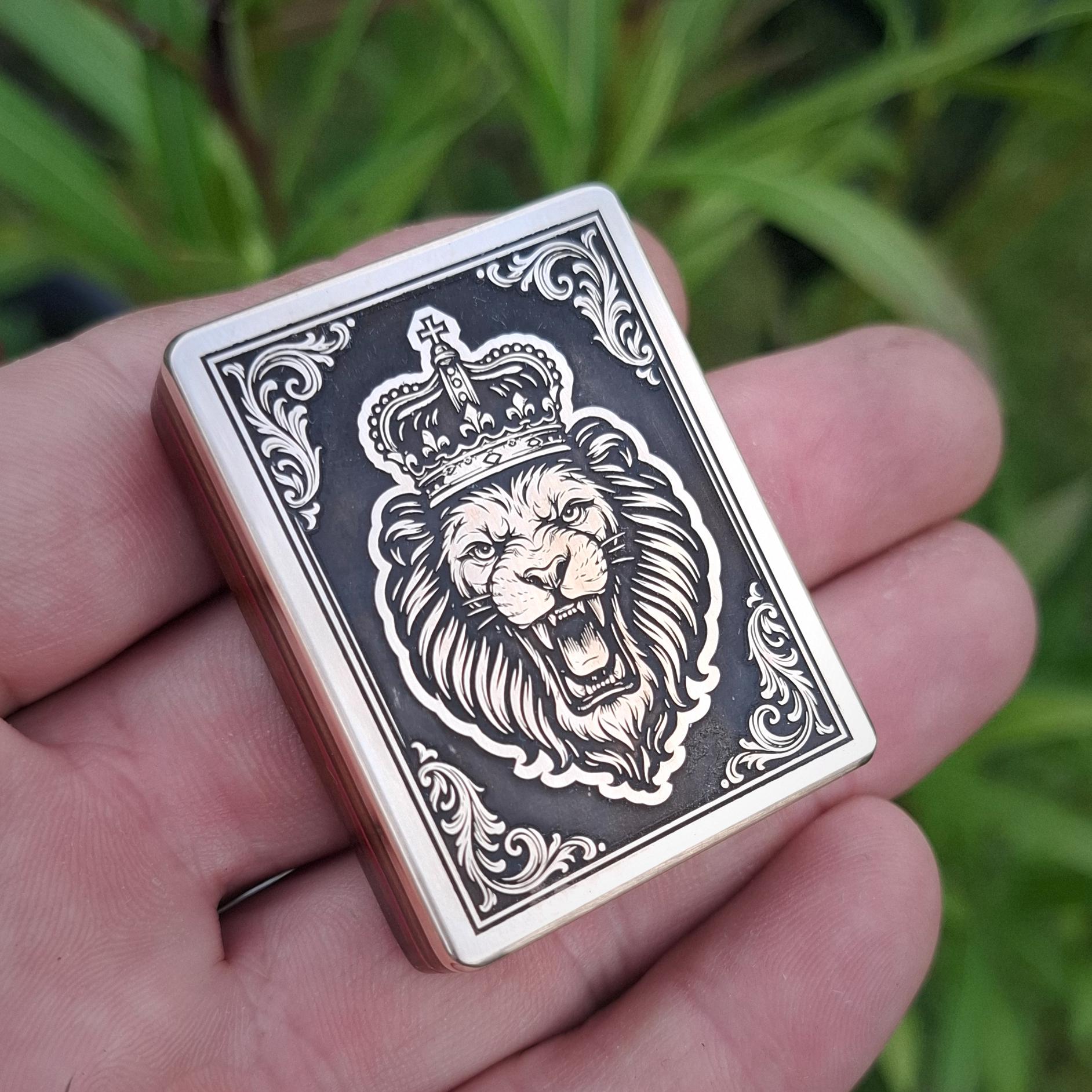 Luxury Brass Pocket Stone | Crowned Lion EDC Worry Stone | Laser 