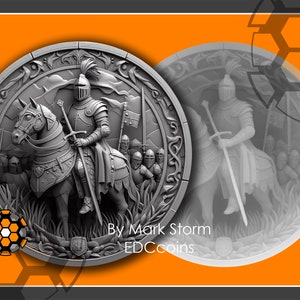 May include: A silver coin with a raised design of a knight on horseback. The knight is wearing armor and holding a sword. The coin is surrounded by a decorative border. The text "By Mark Storm EDCcoins" is printed below the design.