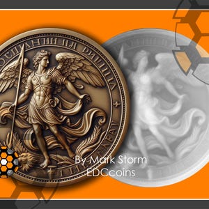 Op de afbeelding: Een bronzen munt met een gedetailleerd beeld van een engel met uitgespreide vleugels. De engel houdt een speer vast en draagt een vloeiende mantel. De munt heeft de inscriptie "ВЕСОСНИ ИА РУСИЯ" rond de rand.