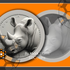 Peut inclure: Une pièce d'argent avec une image 3D détaillée d'une tête de rhinocéros. La pièce est entourée d'un motif hexagonal et le texte "By Mark Storm EDCcoins" est visible sous le rhinocéros.