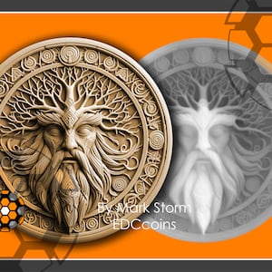 Vikinggezicht levensboom munt voor 3D-lasergravure hoogtekaart | Yggdrasil-symbool voor wijsheid van het eeuwige leven | Hoge kwaliteit png-bestand voor lightburn