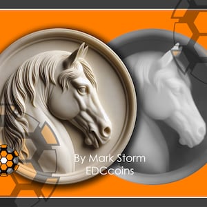 May include: A white horse head sculpture in a round frame with a gray background. The sculpture is in a 3D style and has a detailed mane and face. The text "By Mark Storm EDCcoins" is below the sculpture.