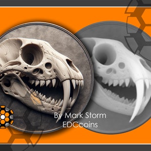 May include: A detailed, 3D printed, white skull of a saber-toothed cat with sharp teeth. The skull is mounted on a round, gray, textured surface. The background is orange with a black and white honeycomb pattern. The text "By Mark Storm EDCcoins" is printed below the skull.