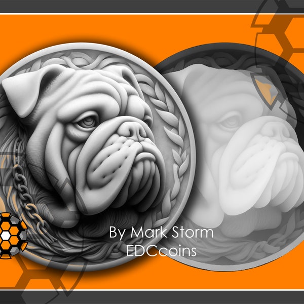 English Bulldog digital portrait file for 3d laser engraving | Strong Dog coin with heightmap |  | High quality DIY images for Lightburn