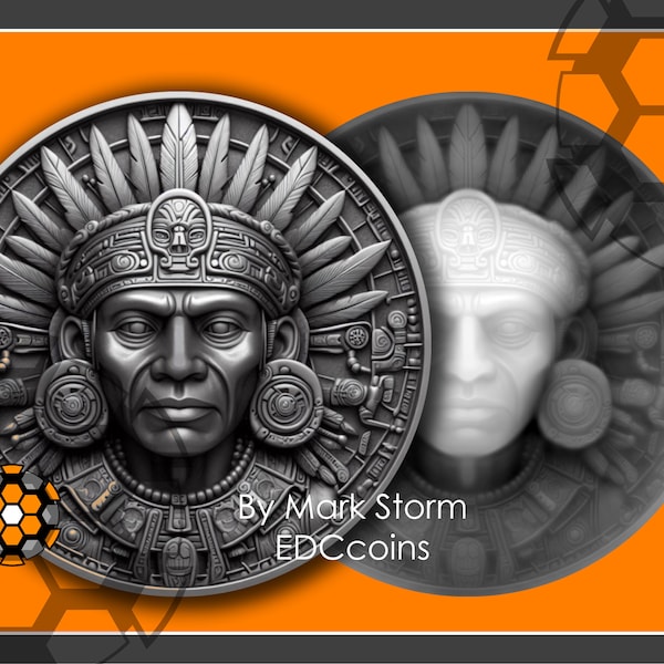 Native Aztec king coin design for 3d laser engraving with height map | Mexican symbolic amulet | High quality digital download PNG image.