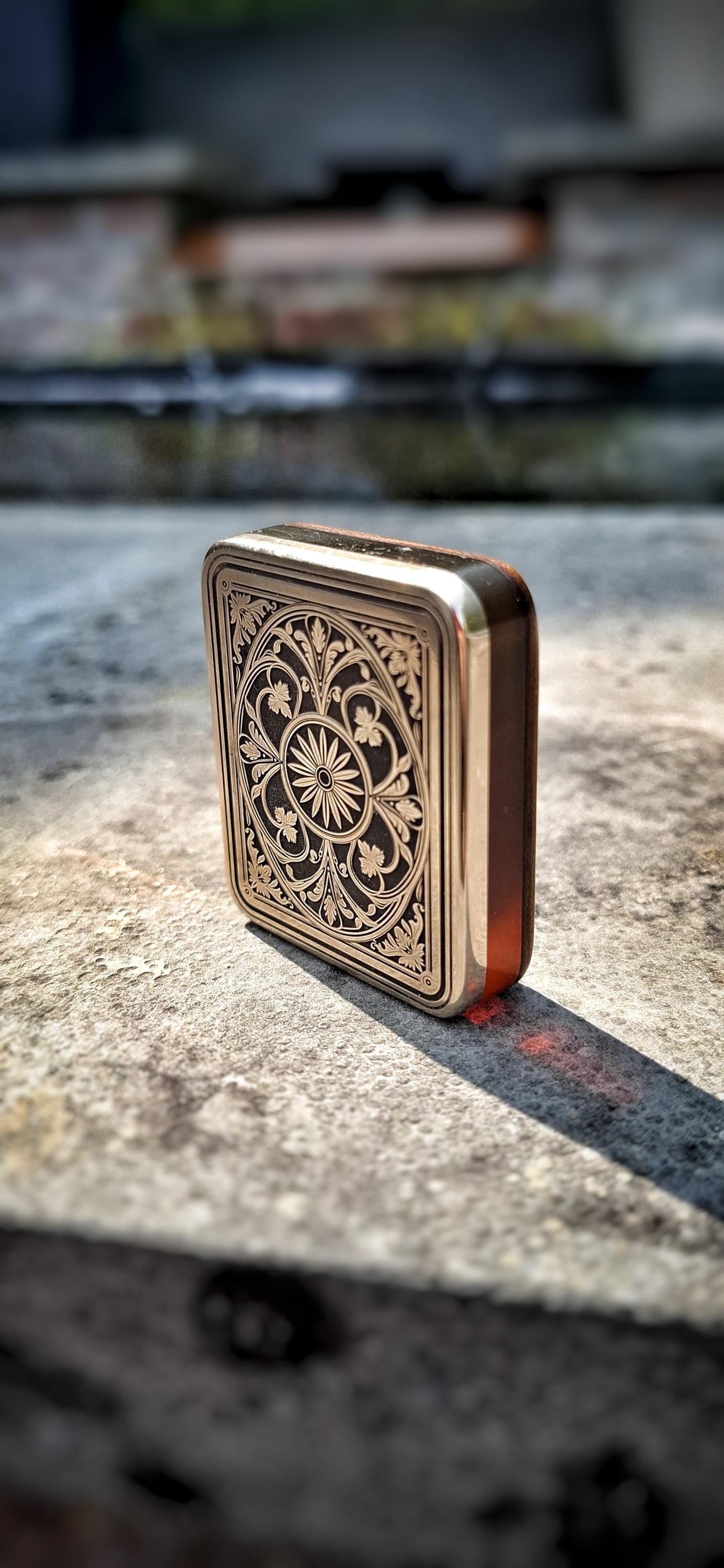 Luxury brass + Ultem worry stone |  Unique EDC pocket art | Laser engraved filigree design | 1970s Vintage micarta backside