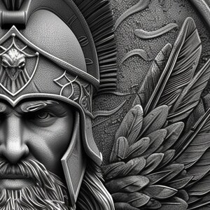 Puede incluir: Un busto 3D impreso en blanco y negro detallado de un guerrero que lleva un casco con un dise&ntilde;o alado. El guerrero tiene barba y una expresi&oacute;n seria.
