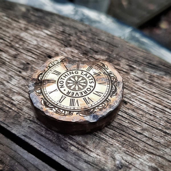 Nothing Lasts Forever aged brass #edc pocket coin with antique clock & WW2 rag micarta | Positive reminder token for pocket art collectors