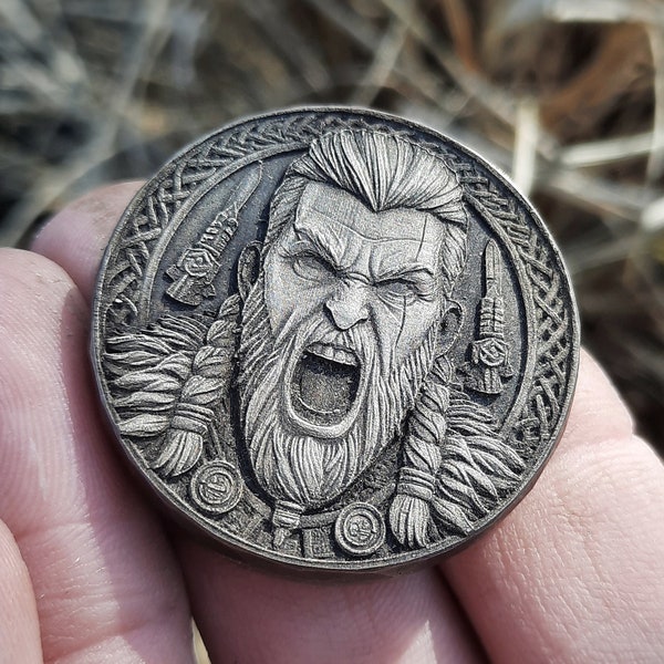 Angry Viking brass edc coin | Ancient Nordic artifact | Unique pocket art piece | Everyday carry with Fierce warrior with beard & braids