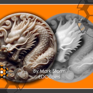 Puede incluir: Una talla de jade blanco de un dragón, con detalles intrincados y una superficie texturizada. La talla se coloca sobre un fondo de patrones de panal de abeja naranja y negro. El texto "By Mark Storm EDCcoins" es visible debajo de la talla.
