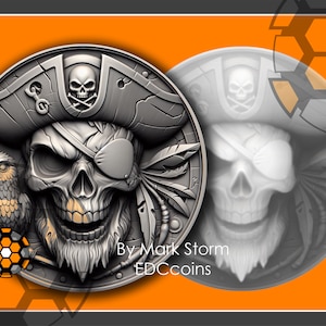May include: A silver pirate skull coin with a parrot on the left side and a pirate hat on top. The coin has a 3D design and is embossed with the text "By Mark Storm EDCcoins".