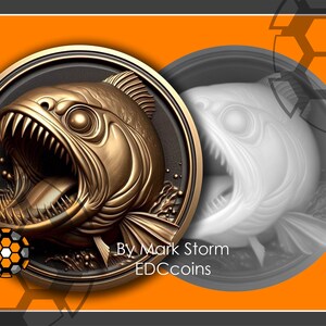 Puede incluir: Una moneda de impresión 3D de color dorado que presenta un pez detallado y amenazante con dientes afilados. La moneda está rodeada por un marco circular negro y el texto "By Mark Storm EDCcoins" es visible en la parte inferior.